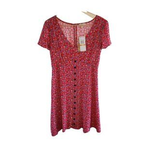 Vintage-Inspired Maison & Belle Red Floral Button-Front Dress Short Sleeve Boho